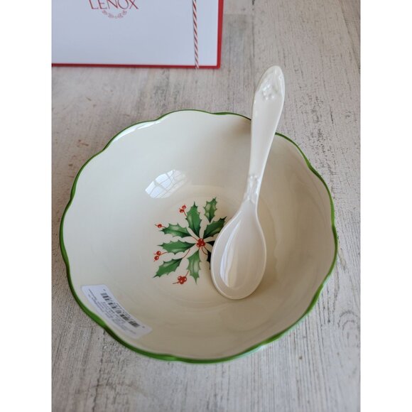 Lenox hosting holidays carved dip bowl spoon mistletoe Xmas set - Picture 6 of 8